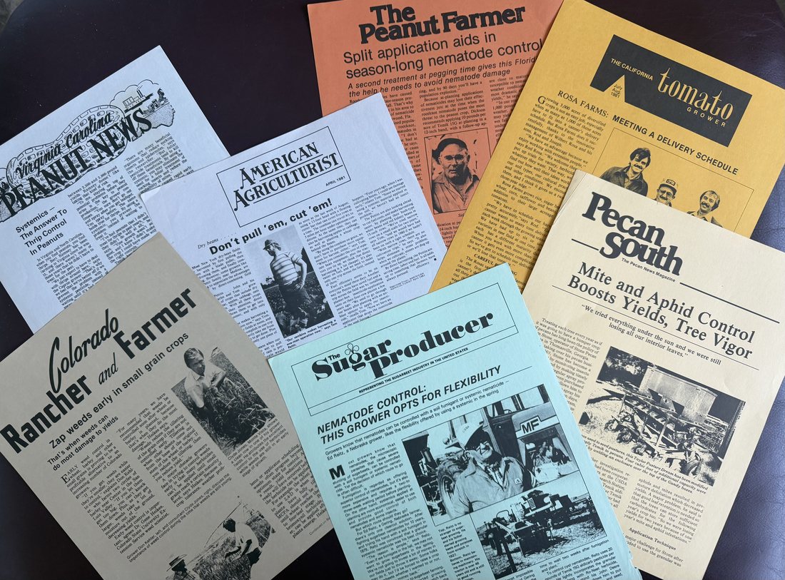 A fanned spread of agricultural trade publications featuring the author's early writing