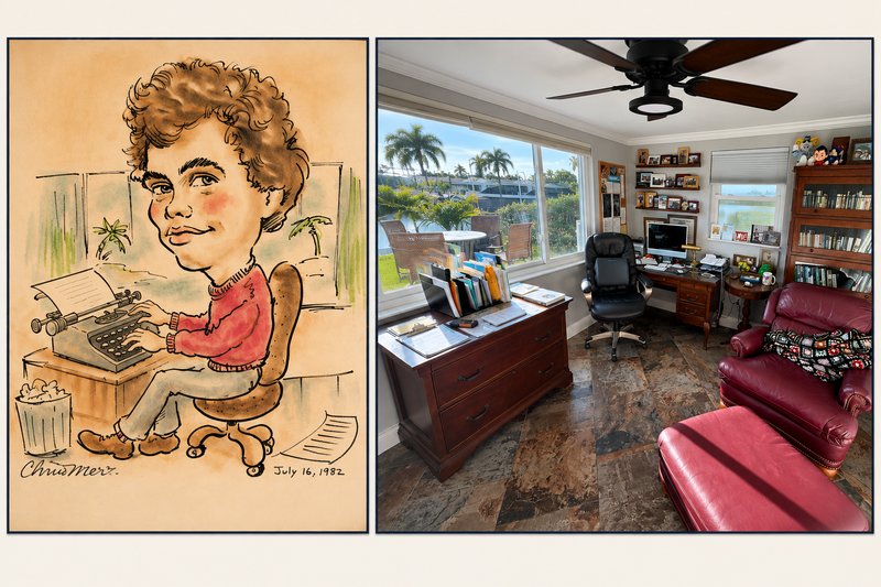 Left, a forty-year-old caricature of a novelist at a typewriter; right, the author's rebuilt writing studio