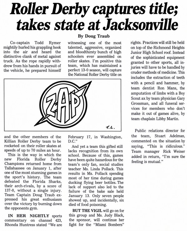 High school newspaper clipping about an invented roller derby team