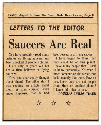 Newspaper clipping of a letter to the editor headlined &ldquo;Saucers Are Real&rdquo;