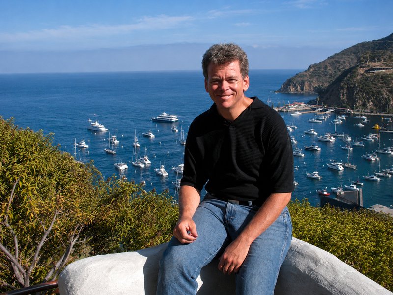 The author at the Zane Grey Pueblo Hotel, above Avalon harbor, in 2008